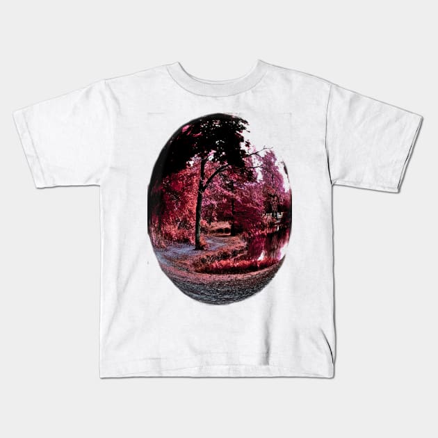 Beautiful Pink Fantasy Trail Scene with a Pond and Pink Leaves - Tomahawk Creek Pond Overland Park KS Kids T-Shirt by Zen Goat 